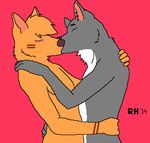  blush canine coyote eyes_closed fur gay grey_fur kissing kouya male mammal orange_fur plain_background red_background rhodie wolf 