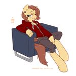  anthro anthrofied brown_hair chair clothing ear_piercing equine female fur grey_eyes hair half-closed_eyes horse jacket jasmine looking_at_viewer mammal my_little_pony onnanoko original_character pants piercing plain_background pony sitting smile solo tan_fur white_background 