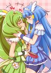  ^_^ aoki_reika bangs bike_shorts blue_eyes blue_hair blue_skirt blunt_bangs blush chocolate choker closed_eyes closed_mouth cure_beauty cure_march dress eating eyelashes from_side green_dress green_hair green_skirt hair_ornament hair_tubes half-closed_eyes happy heart height_difference kuga_yoshito long_hair looking_at_another magical_girl midorikawa_nao multiple_girls pink_background pleated_skirt ponytail precure profile shorts shorts_under_skirt skirt smile smile_precure! standing tareme tri_tails vest wrist_cuffs yuri 