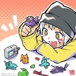  1boy beanie black_eyes black_hat blush_stickers boned_meat digimon digimon_(creature) digimon_(virtual_pet) digimon_story:_time_stranger facial_mark food gomamon grey_hair hat holding holding_toy jacket male_focus masterblimpmon meat nakano_haito parrotmon patamon picodevimon simple_background skullseadramon solo sparkling_eyes toy virtual_pet_(toy) yellow_jacket 