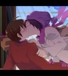  1girl assertive bad_id bad_pixiv_id bag blush brown_eyes brown_hair closed_eyes clothes_grab cravat glass glasses handbag hat heart hetero indoors jacket kami_nomi_zo_shiru_sekai katsuragi_keima kiss kurakawa_akari labcoat letterboxed long_sleeves pink_scarf purple_hair red_jacket roco-chan scarf school_uniform short_hair sinaooo surprised upper_body white_coat wide-eyed window 