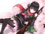 bangs black_hair black_legwear black_sailor_collar black_skirt breasts cherry_blossoms closed_mouth coat commentary_request eyebrows_visible_through_hair girls_frontline green_coat gun hair_ornament highres holding holding_gun holding_weapon k.syo.e+ knees_up long_hair long_sleeves looking_at_viewer lying medium_breasts miniskirt mouth_hold neckerchief on_back one_side_up open_clothes open_coat pantyhose pleated_skirt red_eyes red_neckwear red_scarf sailor_collar scarf school_uniform serafuku sidelocks skirt smile solo submachine_gun type_100 type_100_(girls_frontline) weapon 
