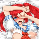  1girl bed blue_eyes blush breasts bust female lying nipples on_back open_mouth pillow red_hair saliva school_uniform see-through serafuku solo tears twintails upper_body yoou_(artist) 