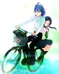  1girl bag bicycle bicycle_basket black_hair black_legwear black_pants blue_eyes blue_hair glasses ground_vehicle hug hug_from_behind jobo_(isi88) long_hair long_sleeves looking_away manami_sangaku miyahara_(yowamushi_pedal) multiple_riders neck_ribbon pants pink_shirt pleated_skirt ribbon riding school_uniform shirt short_hair sitting skirt smile socks sweater_vest twintails white_shirt yowamushi_pedal 