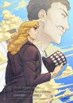  2boys argyle_clothes argyle_hat black_coat black_hair blonde_hair cloud coat dated facial_hair green_eyes hat highres holding holding_unworn_clothes holding_unworn_hat jojo_no_kimyou_na_bouken long_hair male_focus multiple_boys mustache phantom_blood robert_e._o._speedwagon short_hair sky smile top_hat under_under_01 unworn_hat unworn_headwear will_anthonio_zeppeli 