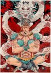  1boy absurdres aqua_hat battle_tendency belt blonde_hair closed_eyes crossed_arms dragon earrings english_commentary esidisi facial_mark hat highres hoop_earrings jewelry jojo_no_kimyou_na_bouken male_focus necklace orange_belt orange_lips painting_(medium) piercing red_eyes red_hat sandals shoulder_pads sitting solo traditional_media two-tone_hat watercolor_(medium) wristband xfkart 