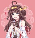  bad_id bad_pixiv_id bare_shoulders black_eyes blush box brown_hair chocolate detached_sleeves double_bun gomano_rio hair_ornament hairband headgear japanese_clothes kantai_collection kongou_(kantai_collection) long_hair nontraditional_miko open_mouth pink_background skirt smile solo valentine 