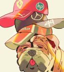  animal baseball_cap black_hat bulldog closed_eyes dog facing_viewer ferrari formula_one hat hat_over_hat highres mercedes-benz no_humans real_life red_hat roscoe_hamilton simple_background sog_goog solo stacked_hats tongue tongue_out white_background 