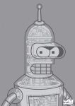 antennae_(anatomy) artist_logo artist_name bender_bending_rodr&iacute;guez brain cable comedy_central futurama grey_background grey_theme humanoid logo looking_at_viewer machine male mechanism organs robot simple_background solo text translucent translucent_body ym-graphix