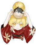  10_fu 1girl araragi_koyomi blonde_hair character_mask fang flat_chest from_above full_body hair_bun highres japanese_clothes kimono looking_at_viewer mask monogatari_(series) oshino_shinobu red_kimono smile solo yellow_eyes 