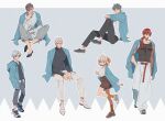  1girl 5boys adapted_costume belt black_pants black_shirt black_shoes black_sweater blue_cardigan blue_jacket blue_shoes bow bracelet brown_hair buttons cardigan cardigan_on_shoulders collared_shirt contemporary fate/grand_order fate_(series) full_body grey_pants hair_bow hair_over_shoulder hair_slicked_back hands_in_pockets harada_sanosuke_(fate) highres hood hooded_jacket jacket jacket_on_shoulders jewelry long_hair long_sleeves multiple_boys multiple_scars nagakura_shinpachi_(fate) okita_souji_(fate) open_clothes open_jacket orange_bow orange_socks pants red_hair saitou_hajime_(fate) scar scar_on_arm scar_on_cheek scar_on_face scar_on_forehead scar_on_shoulder shinsengumi_(fate) shirt shoes shorts sitting sleeveless sleeveless_shirt socks striped_clothes striped_shorts sweater toned toned_male toudou_heisuke_(fate) turtleneck turtleneck_sweater unbuttoned uni_(nico02) v v-neck vertical-striped_clothes vertical-striped_shorts white_hair white_pants white_shirt white_shoes yamanami_keisuke_(fate) 