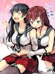  agano_(kantai_collection) belly_grab breasts gin'ichi_(akacia) gloves highres kantai_collection large_breasts long_hair miniskirt multiple_girls noshiro_(kantai_collection) pinching school_uniform serafuku skirt translated 