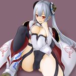  bad_id bad_pixiv_id blush breasts cleavage_cutout hair_ornament kawanakajima leg_up long_hair looking_at_viewer matoi_(pso2) medium_breasts no_bra open_mouth panties phantasy_star phantasy_star_online_2 red_eyes silver_hair sitting smile solo twintails underwear 