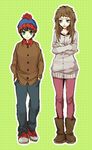  1girl beanie black_hair boots brother_and_sister brown_hair cardigan crossed_arms hands_in_pockets hat messy_hair pants saki_(bakura) shelley_marsh siblings south_park stan_marsh wavy_mouth 