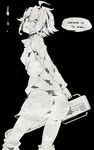  ahoge arms_behind_back bad_id bad_pixiv_id chainsaw clenched_teeth english greyscale hair_over_one_eye long_sleeves looking_back monochrome short_hair skirt solo teeth urotsuki yume_2kki 