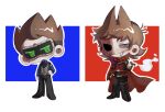 2boys :d :o annoyed antenna_hair belt black_boots black_jacket black_pants black_sclera blue_background blue_shirt boots border brown_hair buttons cape chibi chibi_only chinese_commentary cigarette collared_shirt colored_sclera commentary_request eddsworld full_body future_tom_(eddsworld) future_tord_(eddsworld) gold_buttons gold_trim green_eyes grey_belt grey_eyes grey_vest grin hair_behind_ear hair_horns hand_on_own_hip head-mounted_display heterochromia high_heel_boots high_heels highres holding holding_cigarette hood hood_down jacket jitome kafei146 knee_boots long_sleeves looking_at_viewer male_focus mechanical_arms mismatched_sclera multiple_boys no_eyebrows open_mouth outline outside_border pants red_background red_belt red_cape red_eyes shirt short_hair simple_background single_mechanical_arm smile smoke standing tom_(eddsworld) tord_(eddsworld) very_short_hair vest white_border white_outline 