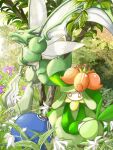  artist_name black_eyes day flower highres lilligant orange_eyes outdoors petilil piora plant pokemon pokemon_(creature) poliwag scyther standing tree watermark 
