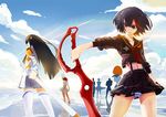  4girls bad_id bad_pixiv_id black_hair blue_sky cloud croya_aso day epaulettes gamagoori_ira inumuta_houka jakuzure_nonon katana kill_la_kill kiryuuin_satsuki long_hair mankanshoku_mako matoi_ryuuko multiple_boys multiple_girls panties pantyshot sanageyama_uzu scissor_blade senketsu short_hair sky striped striped_panties sword thighhighs underwear weapon 