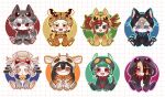  3girls 5boys :< amo_empool animal_costume animal_print bird_costume blue_bow blue_bowtie bow bowtie cat_costume closed_mouth cosplay enjin_(gachiakuta) gachiakuta green_bow green_bowtie green_hair guita_hebby_fantasia highres horizontal_pupils jabber_wonger kigurumi looking_at_viewer majin_3699 multiple_boys multiple_girls open_mouth orange_bow orange_bowtie orange_eyes pink_bow pink_bowtie pink_eyes purple_eyes red_bow red_bowtie red_eyes riyo_reaper rudo_surebrec sheep_costume short_hair simple_background smile snake_costume tamsy_caines tiger_costume tiger_print white_background wolf_costume yellow_bow yellow_bowtie zanka_nijiku 