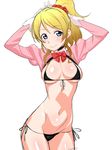  arms_up ayase_eli bad_id bad_pixiv_id bikini blonde_hair blue_eyes blush breasts chikuishi cleavage crop_top juliet_sleeves large_breasts long_hair long_sleeves looking_at_viewer love_live! love_live!_school_idol_project micro_bikini navel ponytail puffy_sleeves smile solo swimsuit 