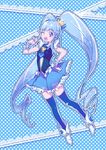  blue blue_background blue_eyes blue_hair blue_legwear blue_skirt boots chiyo_(rotsurechiriha) crown cure_princess eyelashes hair_ornament hair_ribbon happinesscharge_precure! happy high_heels jewelry long_hair looking_at_viewer magical_girl one_eye_closed open_mouth precure ribbon shirayuki_hime shirt skirt smile solo standing thighhighs thighs twintails very_long_hair wrist_cuffs zettai_ryouiki 