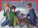  3boys :d antenna_hair arm_support black_eyes black_pants blonde_hair blue_hoodie blue_pants border brown_hair brown_pants clenched_teeth commentary denim double-parted_bangs drawstring edd_(eddsworld) eddsworld english_commentary english_text fork full_body green_hoodie green_jacket green_shoes grey_background hair_behind_ear hair_between_eyes hands_on_own_cheeks hands_on_own_face highres hollow_eyes hood hood_down hoodie jacket jacket_over_hoodie jeans kafei146 knee_up layered_sleeves looking_at_viewer looking_back looking_up male_focus matt_(eddsworld) multiple_boys open_clothes open_jacket open_mouth outline outside_border pants plate purple_hoodie raised_inner_eyebrows red_border scared shadow shoelaces shoes short_hair simple_background sitting smile sweatdrop swept_bangs teeth tom_(eddsworld) upper_teeth_only v-shaped_eyebrows very_short_hair white_outline wide-eyed 
