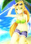  absurdres bad_id bad_pixiv_id beach bikini blonde_hair day denim denim_shorts elf eyewear_on_head green_eyes highres innertube long_hair neko_sensha original pointy_ears ponytail shorts solo sunglasses swimsuit very_long_hair 