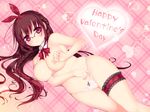  arima_senne blush braid breasts brown_hair detached_collar glasses happy_valentine heart highres kashiwamochi_yomogi large_breasts leg_garter long_hair mole mole_on_breast nipples original panties parted_lips plaid plaid_background red-framed_eyewear red_eyes semi-rimless_eyewear smile solo topless underwear valentine white_panties 