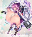  1girl :d blush breasts chikokuma gigantic_breasts highres lactation long_hair looking_at_viewer milking_machine open_mouth original pink_eyes pink_hair smile solo 