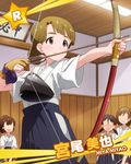  archery artist_request bow bow_(weapon) brown_eyes brown_hair character_name faceless faceless_female glint gloves hakama idolmaster idolmaster_million_live! japanese_clothes kyuudou miyao_miya multiple_girls muneate official_art partly_fingerless_gloves weapon yugake 