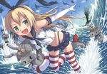  &gt;_&lt; aircraft airplane aki_(akisora_hiyori) anchor black_panties blonde_hair closed_eyes elbow_gloves gloves hairband highres kantai_collection lifebuoy long_hair ocean open_mouth panties rensouhou-chan shimakaze_(kantai_collection) striped striped_legwear thighhighs underwear water white_gloves 