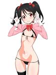  \m/ bikini black_hair blush bow chikuishi crop_top double_\m/ flat_chest gloves hair_bow juliet_sleeves long_sleeves looking_at_viewer love_live! love_live!_school_idol_project micro_bikini navel nico_nico_nii puffy_sleeves red_eyes short_hair single_thighhigh smile solo swimsuit thighhighs twintails yazawa_nico 