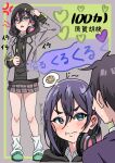  1boy 1girl aijou_rentarou anger_vein black_hair black_hoodie blush cardigan commentary drooling green_eyes hair_between_eyes haraga_kurumi headphones headphones_around_neck heart highres hood hood_down hood_up hoodie hungry kimi_no_koto_ga_dai_dai_dai_dai_daisuki_na_100-nin_no_kanojo kitahara_kiyoshi legs loose_socks short_hair skirt socks speech_bubble stomach_growling sweatdrop thighs thought_bubble translation_request 
