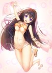  ayatudura bad_id bad_pixiv_id bikini black_hair blush bouncing_breasts breasts floral_print foreshortening highres jumping long_hair looking_at_viewer lowleg lowleg_bikini medium_breasts moe motion_blur open_mouth orange_bikini original purple_eyes shiny shiny_skin side-tie_bikini smile solo string_bikini swimsuit towel underboob very_long_hair 