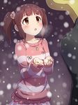  1girl :o blush breath brown_eyes brown_hair dani-ikapi idolmaster idolmaster_cinderella_girls jewelry looking_up necklace ogata_chieri open_mouth p-head_producer producer_(idolmaster) shirt short_hair skirt snow snowing striped striped_shirt twintails 