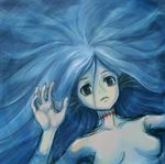  afloat blue blue_eyes blue_hair breasts fingernails from_above gills head_fins hekikai_no_aion konowa long_hair looking_up medium_breasts mermaid monster_girl partially_submerged scar sharp_fingernails sheila_(hekikai_no_aion) solo topless water webbed_hands 