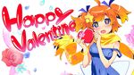  bangle blue_eyes blush bracelet chocolate chocolate_heart fang floral_background flower gift hair_ornament happy_valentine heart highres holding holding_gift jewelry looking_at_viewer one-piece_swimsuit orange_hair petals plim red_flower red_rose rose rose_petals scarf school_swimsuit short_twintails solo star star-shaped_pupils star_hair_ornament strap_slip swimsuit symbol-shaped_pupils twinkle_soft twintails valentine wallpaper watanabe_akio 