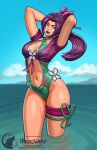  1girl astrowolf breasts butterfly_ornament cleavage green_lips green_one-piece_swimsuit hair_ribbon highres large_breasts long_hair looking_at_viewer marvel marvel_rivals navel official_alternate_costume one-piece_swimsuit ponytail psylocke psylocke_(breezy_butterfly) purple_hair ribbon smile solo swimsuit water x-men 