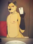  armpit_hair bathroom beard canine cellphone chubby facial_hair first_person_view freckles fur male mammal markings mirror nipples nude phone red_eyes room selfie socks_(marking) solo supercool-wolf wolf yellow_fur 