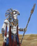  abs anthro armor avian beak bird black_markings brown_eyes claws clothing dark_natasha deity desert diety egyptian facial_markings falcon horus male markings muscles navel outside polearm sand sky solo staff standing star_gate stargate tribal white_feathers 