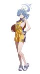  1girl ako_(blue_archive) alternate_costume bare_arms bare_legs bare_shoulders basketball basketball_jersey basketball_uniform blue_archive blue_eyes blue_hair blue_halo blush breasts closed_mouth collarbone cuffs full_body gloves hair_between_eyes halo hand_on_own_hip highres holding large_breasts looking_at_viewer los_angeles_lakers m.q_(mqkyrie) mixed-language_commentary shackles shoes short_hair sideboob simple_background sleeveless smile sneakers solo sportswear standing white_background 