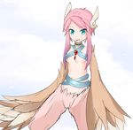  blue_eyes clothed clothing ear_piercing female hair half-dressed happy harpy jewelry monster monster_girl monster_girl_quest open_mouth piercing pink_hair smile solo unknown_artist wings 