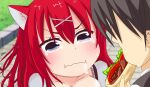  1boy 1girl :i amairo_islenauts animal_ears black_hair blue_eyes blush closed_mouth collarbone commentary_request drooling eating eyes_visible_through_hair food hair_between_eyes hair_ornament highres holding holding_food holding_sandwich hungry kono_subarashii_sekai_ni_shukufuku_wo! looking_at_food masaki_gaillard medium_hair mouth_drool parody red_hair sandwich screenshot_background shirt short_hair solo_focus style_parody tearing_up user_gvej3378 v-shaped_eyebrows wavy_mouth white_shirt wolf_ears wolf_girl x_hair_ornament 