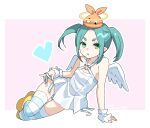  1girl absurdres angel_wings aqua_hair dress flat_chest full_body green_eyes halo highres looking_at_viewer manimani_(mani_ma) monogatari_(series) ononoki_yotsugi open_mouth short_dress sitting solo thigh_gap thighhighs twintails white_dress wings 