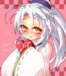  blush box happy_valentine hat heart heart-shaped_box heart-shaped_pupils japanese_clothes kamome kariginu long_hair long_sleeves mononobe_no_futo ponytail silver_hair sleeves_past_wrists smile solo symbol-shaped_pupils touhou valentine wide_sleeves yellow_eyes 