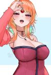  1girl absurdres armpits breasts cherry choker cleavage commentary cross cross_necklace detached_sleeves english_commentary feathers food fruit green_feathers highres holding_cherry hololive hololive_english jewelry large_breasts looking_at_viewer medium_hair messy_hair necklace open_mouth orange_hair pink_shirt pink_sleeves purple_eyes ribbon_choker shirt sidelocks simple_background solo soup_(soupysoull) strapless strapless_shirt takanashi_kiara tongue tongue_out upper_body virtual_youtuber 
