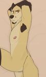  armpit_hair armpits arms_above_head beard black_hair brown_eyes brown_nose canine facial_hair freckles fur hair looking_at_viewer lying male mammal nipples nude on_side solo supercool-wolf tan_fur wolf 