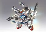  absurdres beam_cannon blue_eyes chibi chinese_commentary commentary_request exhaust f91_gundam full_body glowing glowing_eyes gundam gundam_f91 highres holding holding_weapon making-of_available mecha mecha_focus mobile_suit no_humans robot science_fiction sd_gundam solo v-fin weapon zakuma 