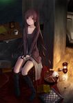  bad_id bad_pixiv_id black_dress book boots chess_piece chessboard coffee dark dress indoors knee_boots lantern light long_hair looking_at_viewer maco original pencil pillar pocket_watch red_eyes red_hair sitting solo v_arms very_long_hair watch wood 