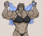  bra feline female flexing lion mammal muscles muscular_female navel panties plain_background ritts rochelle_barnette solo towel underwear 